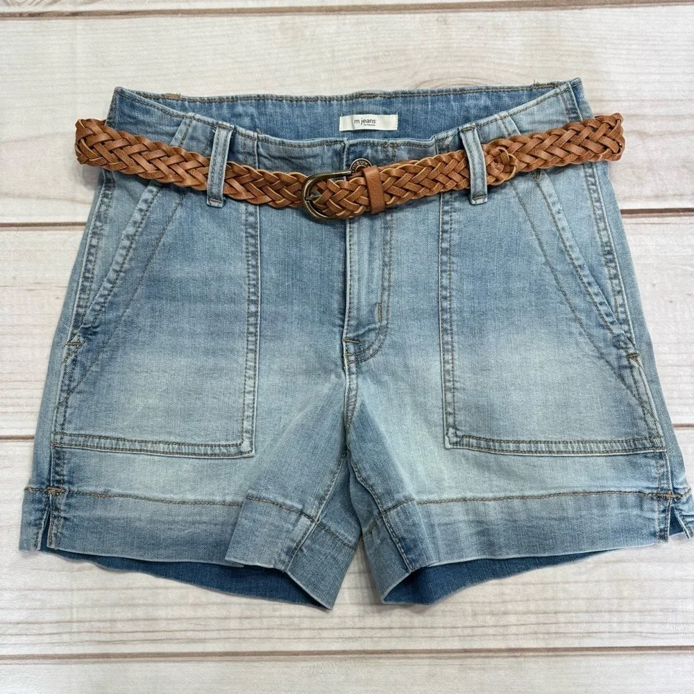 M Jeans Light Wash Denim Jean Shorts Patch Pockets Faux Leather Braided Belt